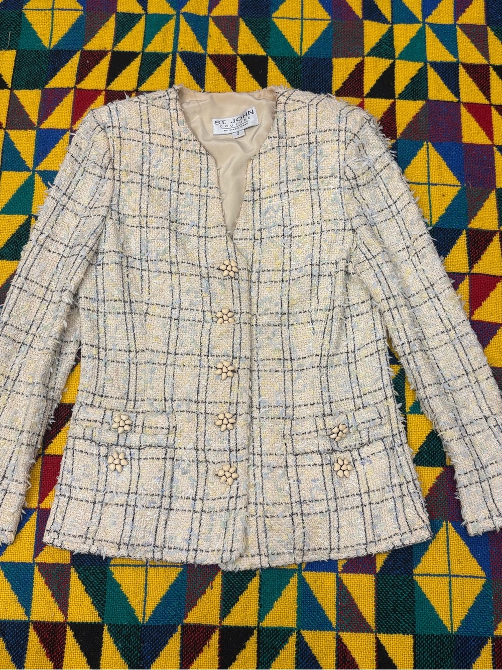 Vintage 90s St John Knit Blazer: Cream Couture with flowers Buttons
Size 12